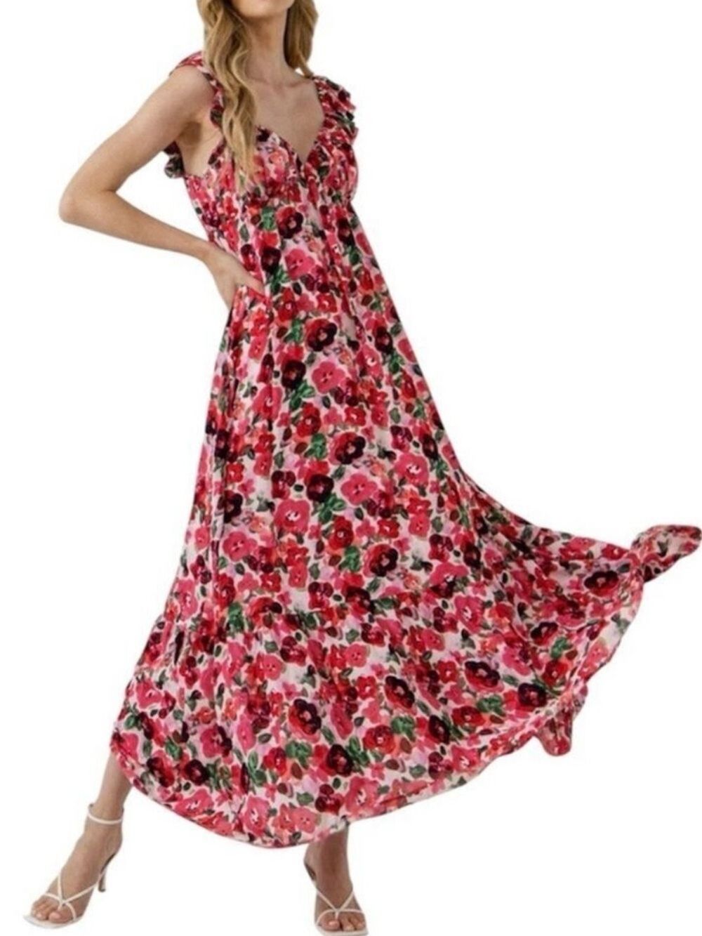 Endless Rose Floral Ruffle Shoulder Sweetheart Neckline Maxi Dress